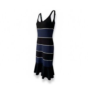 Tanya Taylor Black and Blue Striped Midi Dress